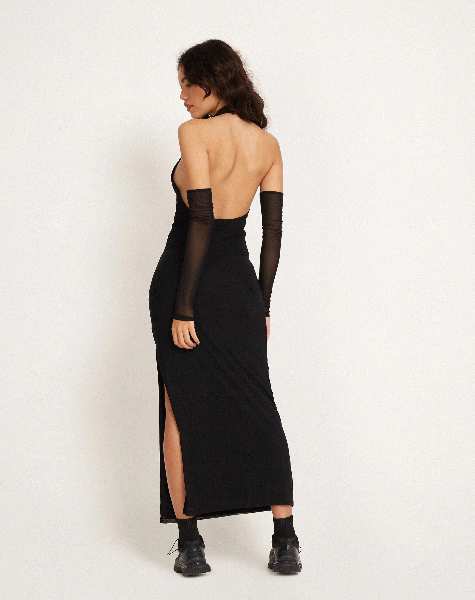 Asmala Halterneck Maxi Dress and Sleeve Set in Black Mesh - Image 4