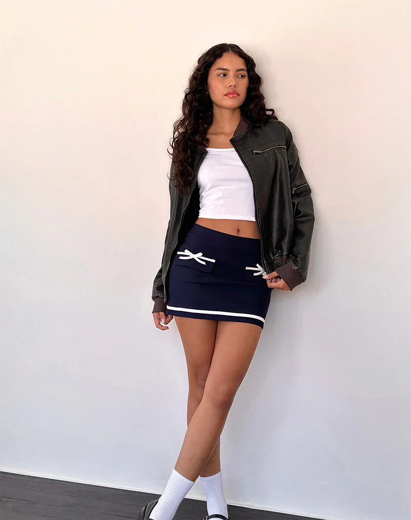 Babeda Bow Mini Skirt in Navy - Image 4