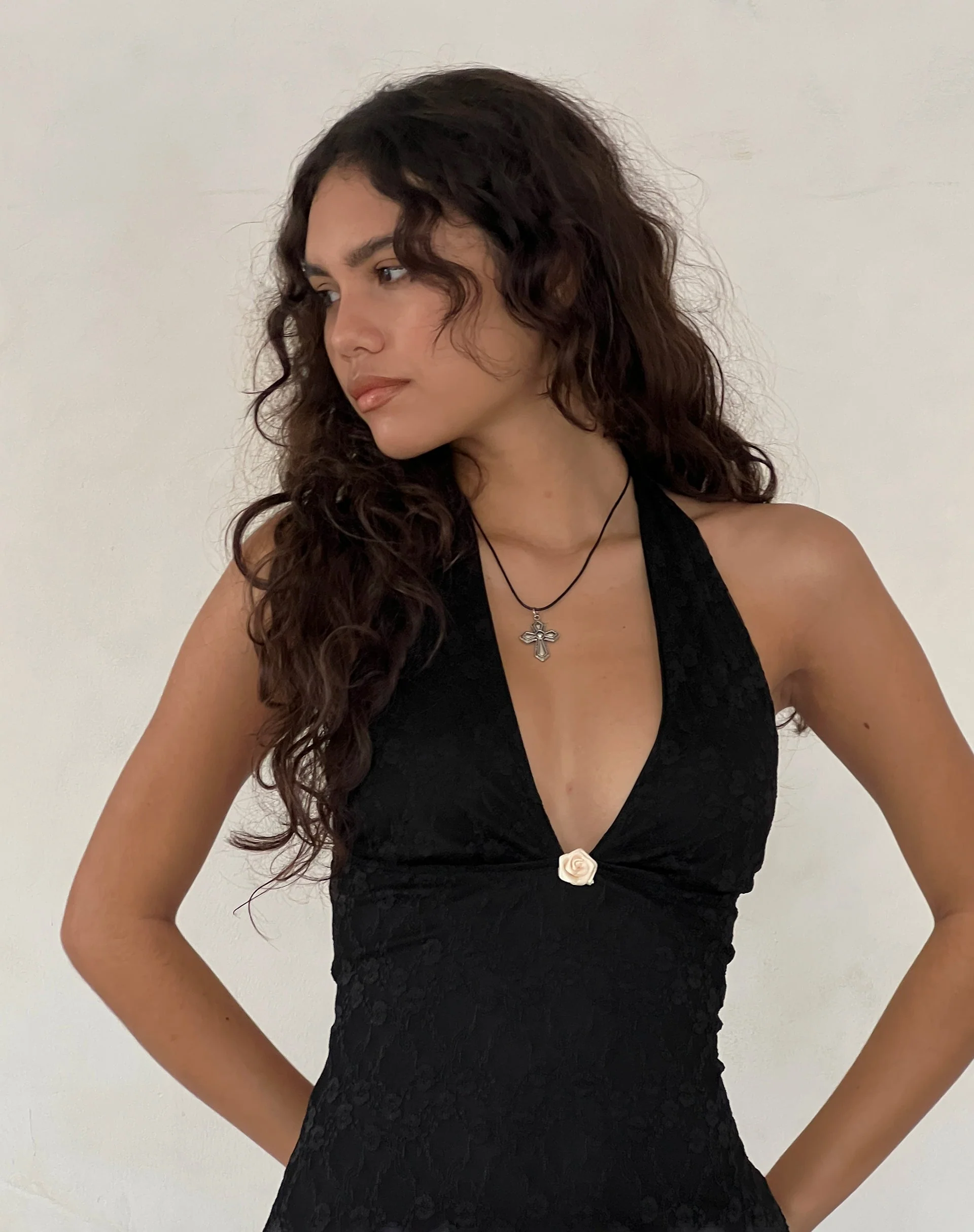 Codami Halterneck Mini Dress in Lace Black - Image 3