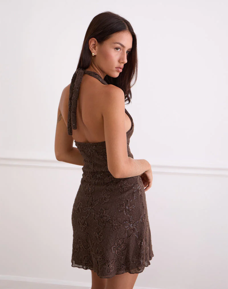 Codami Halterneck Mini Dress in Sequin Knit Dark Brown - Image 5
