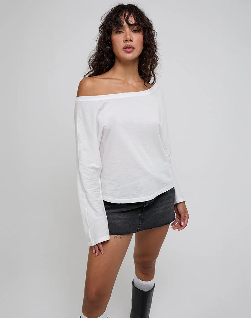 Damian Off The Shoulder Long Sleeve Basic Top in Ivory - Image 5