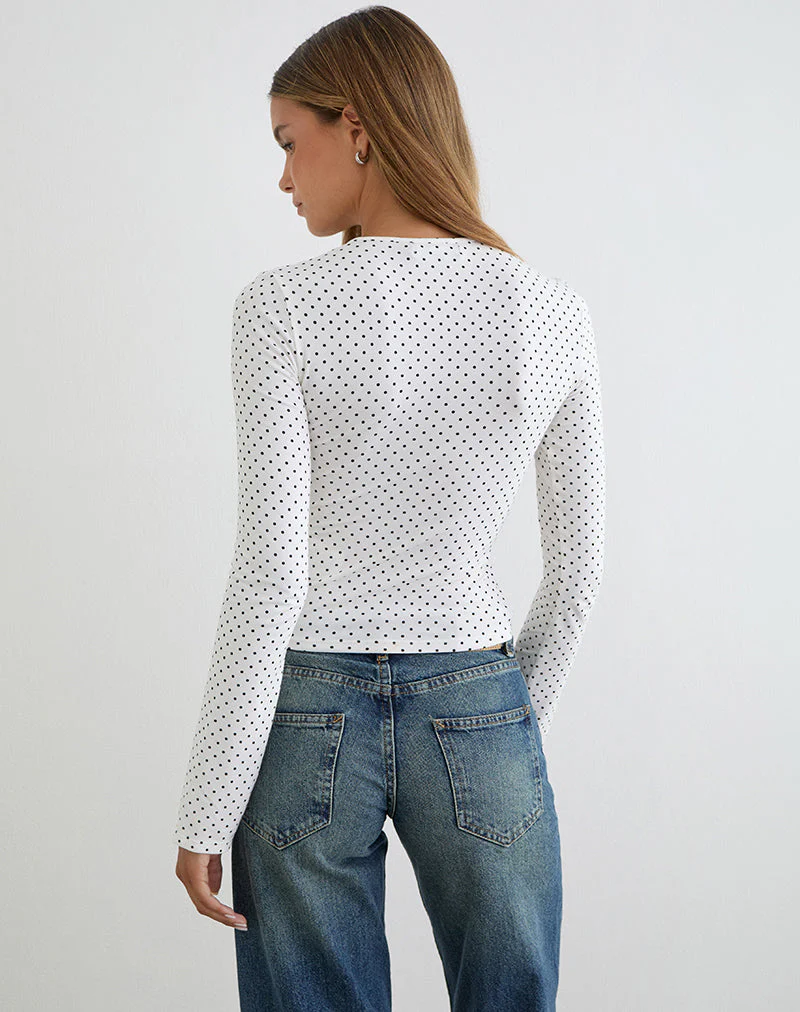 Delano Top in White with Micro Polka Black Print - Image 4