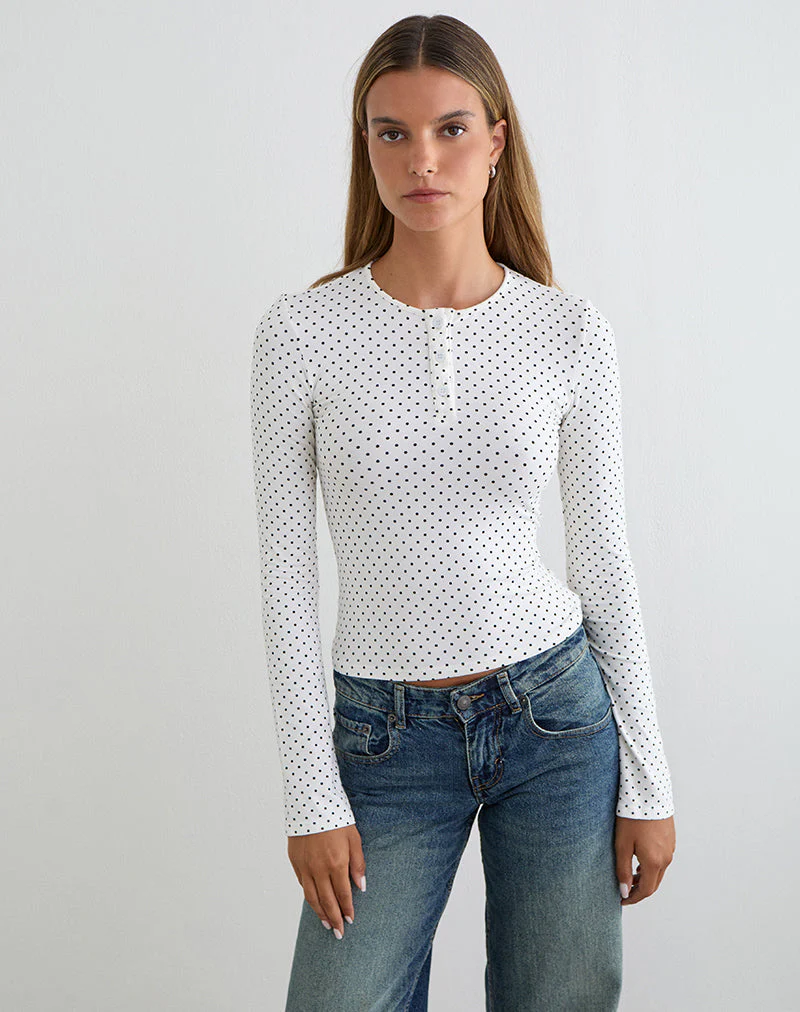 Delano Top in White with Micro Polka Black Print - Image 5