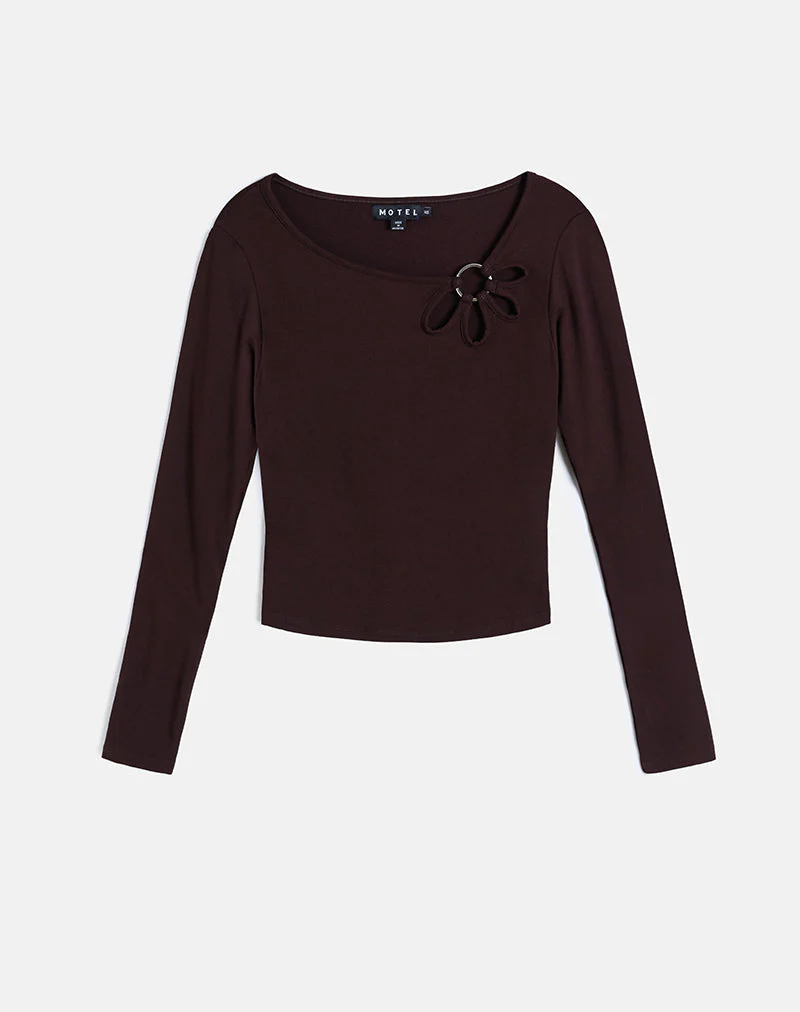 Donela Long Sleeve Top with Flower Ring in Bitter Chocolate - Image 6
