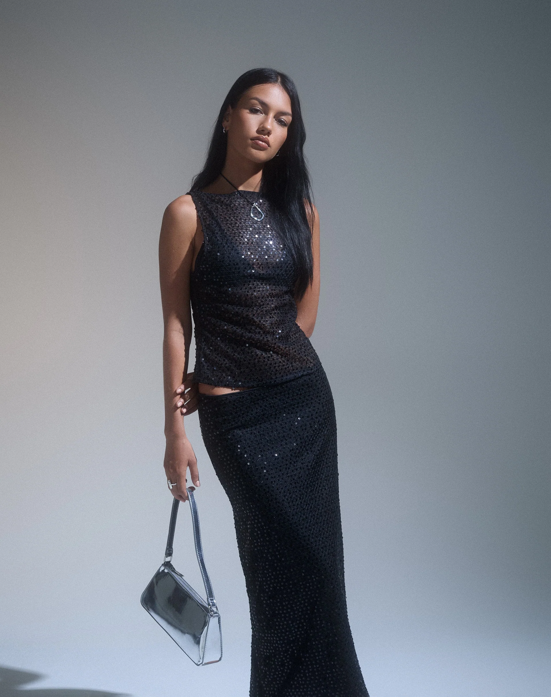 Dudley Vest Top in Sequin Knit Black - Image 4