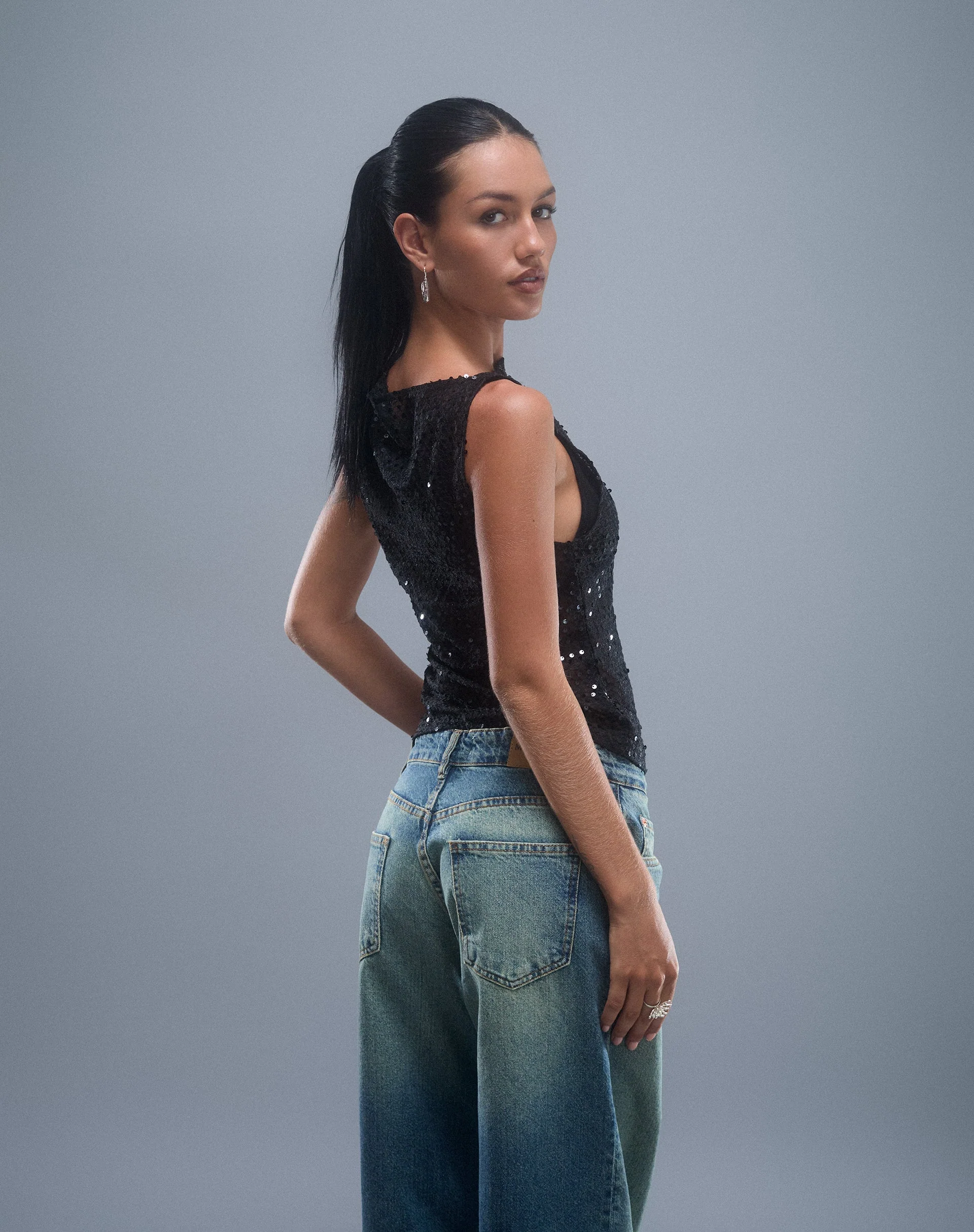 Dudley Vest Top in Sequin Knit Black - Image 6