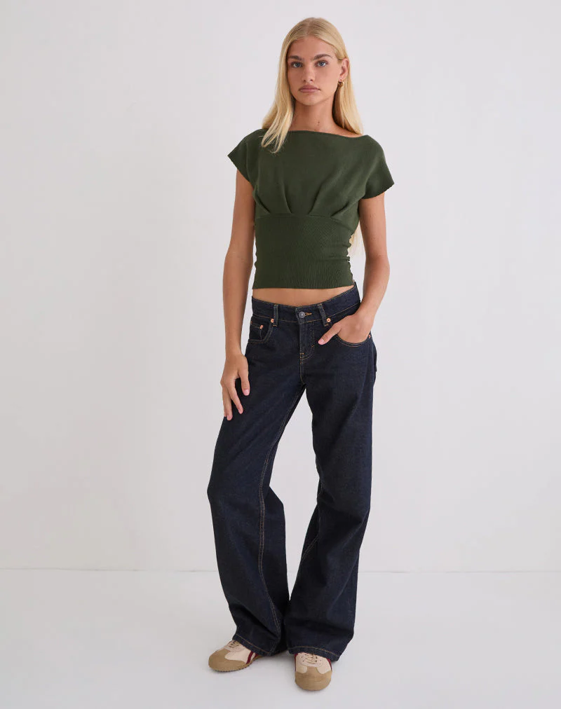 Elin Top in Knit Khaki with Pearl Buttons - Image 3