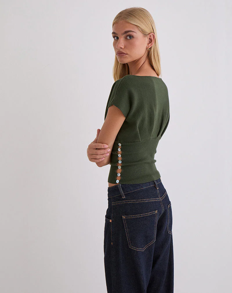 Elin Top in Knit Khaki with Pearl Buttons - Image 4