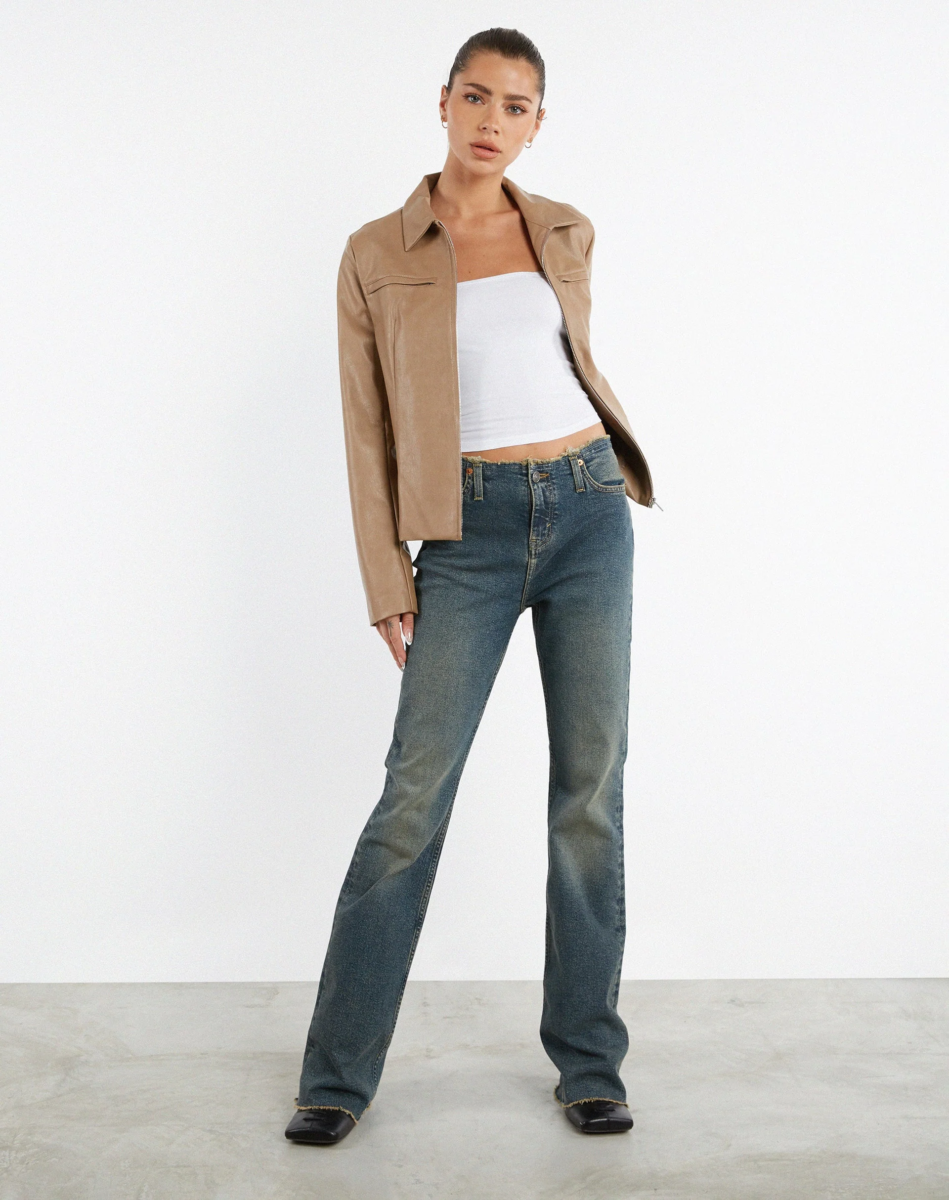 Frayed Low Rise Jeans in Brown and Blue Acid - Image 3