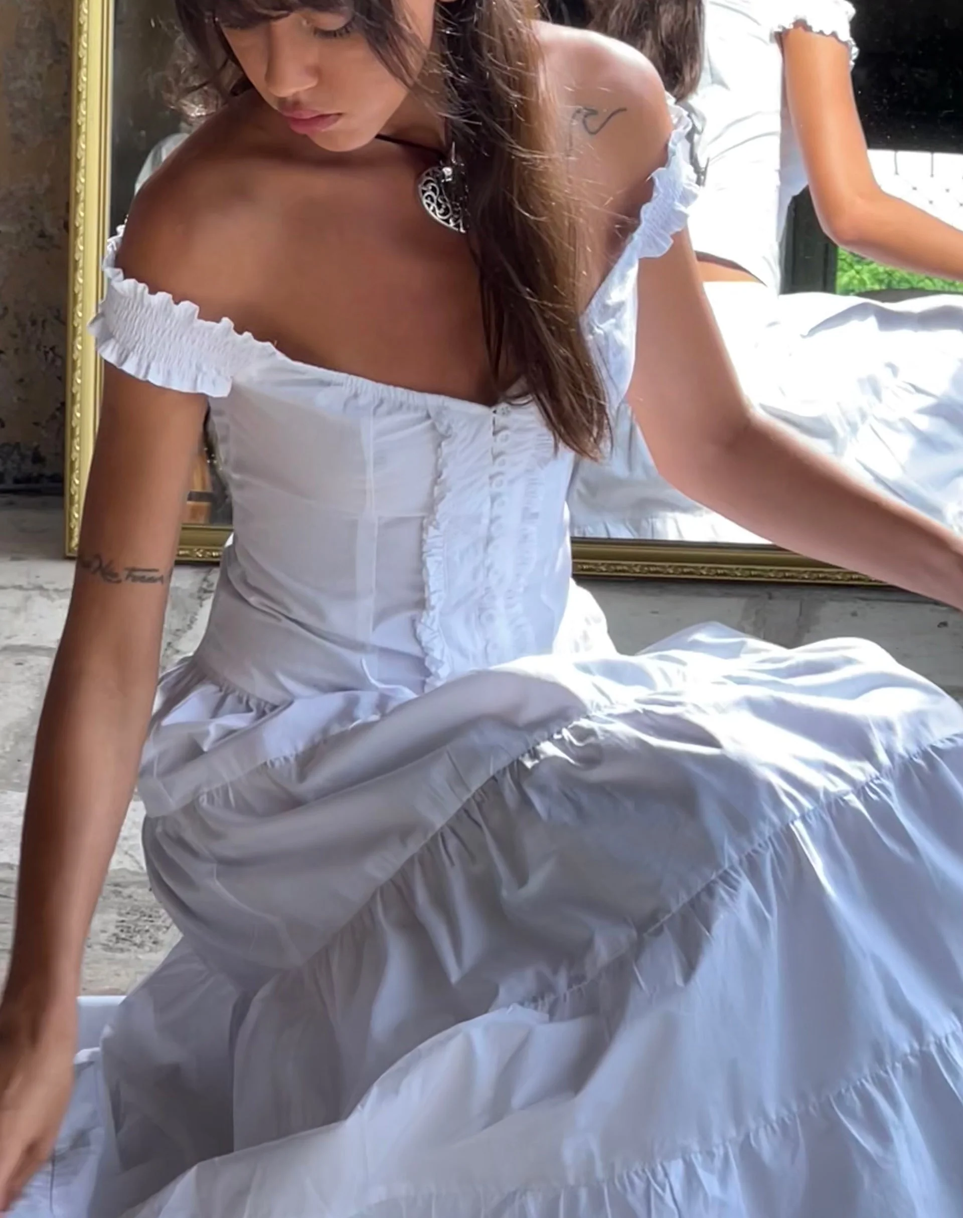 Izumi Tiered Midi Skirt in Poplin White - Image 5