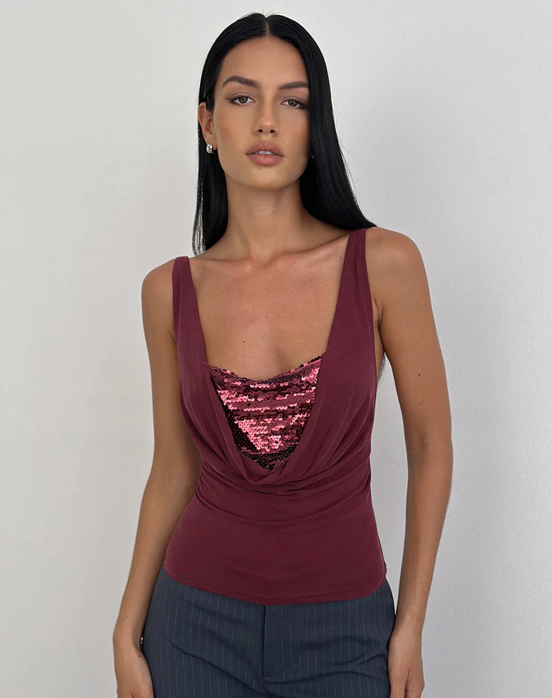 Janice Top in Sequin Jersey Burgundy - Image 4