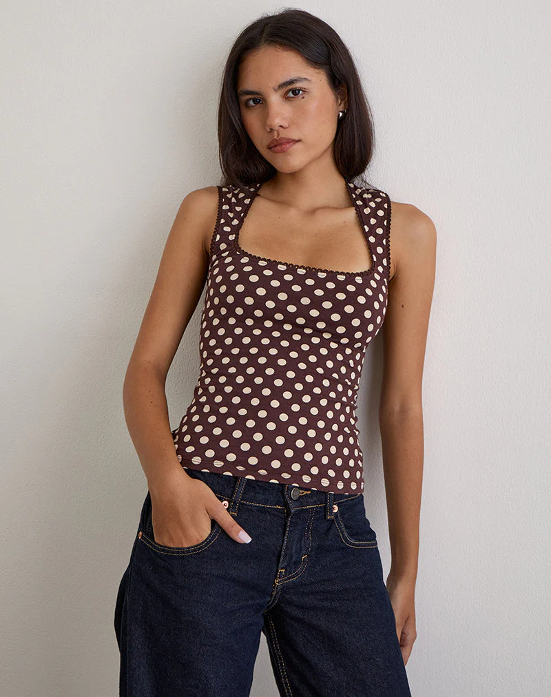 Jinalo Sweetheart Top in Brown with Small Cream Polka Prints - Image 4