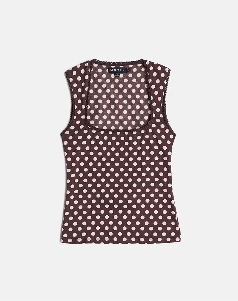 Jinalo Sweetheart Top in Brown with Small Cream Polka Prints - Image 5