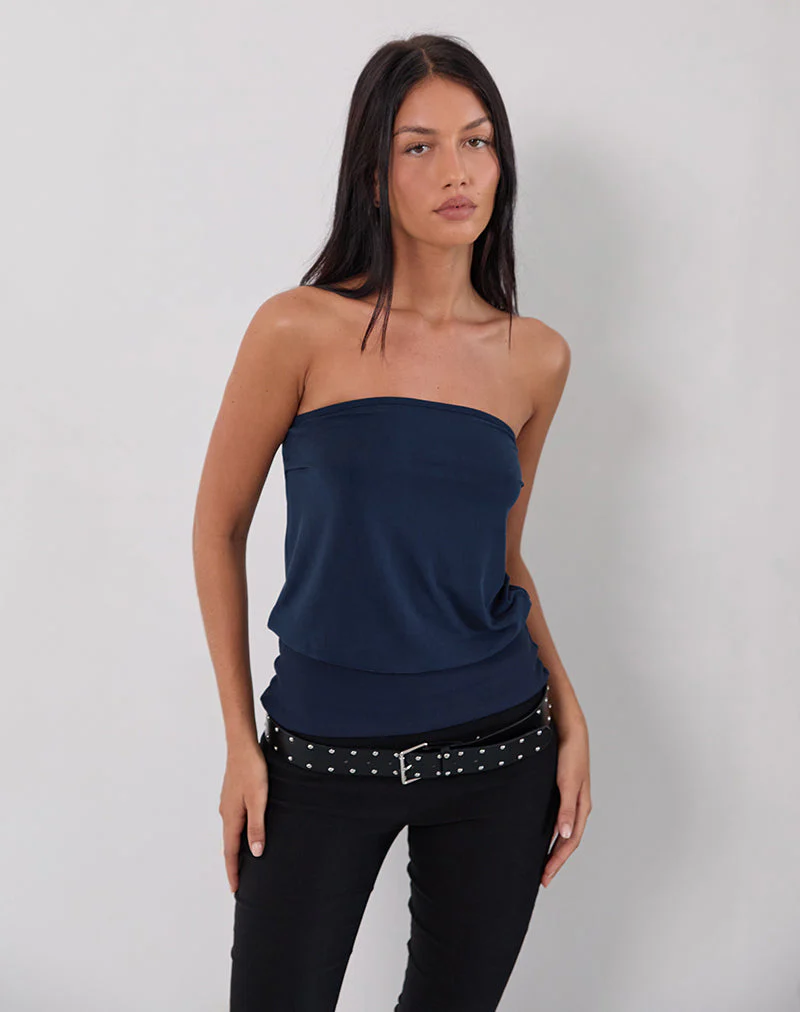 Leocadia Long Bandeau Top In Cupro Navy - Image 4
