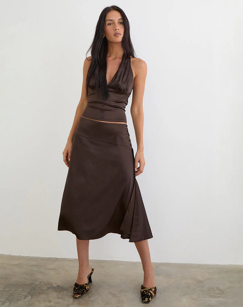 Manyala Midi Skirt in Satin Dark Brown - Image 4