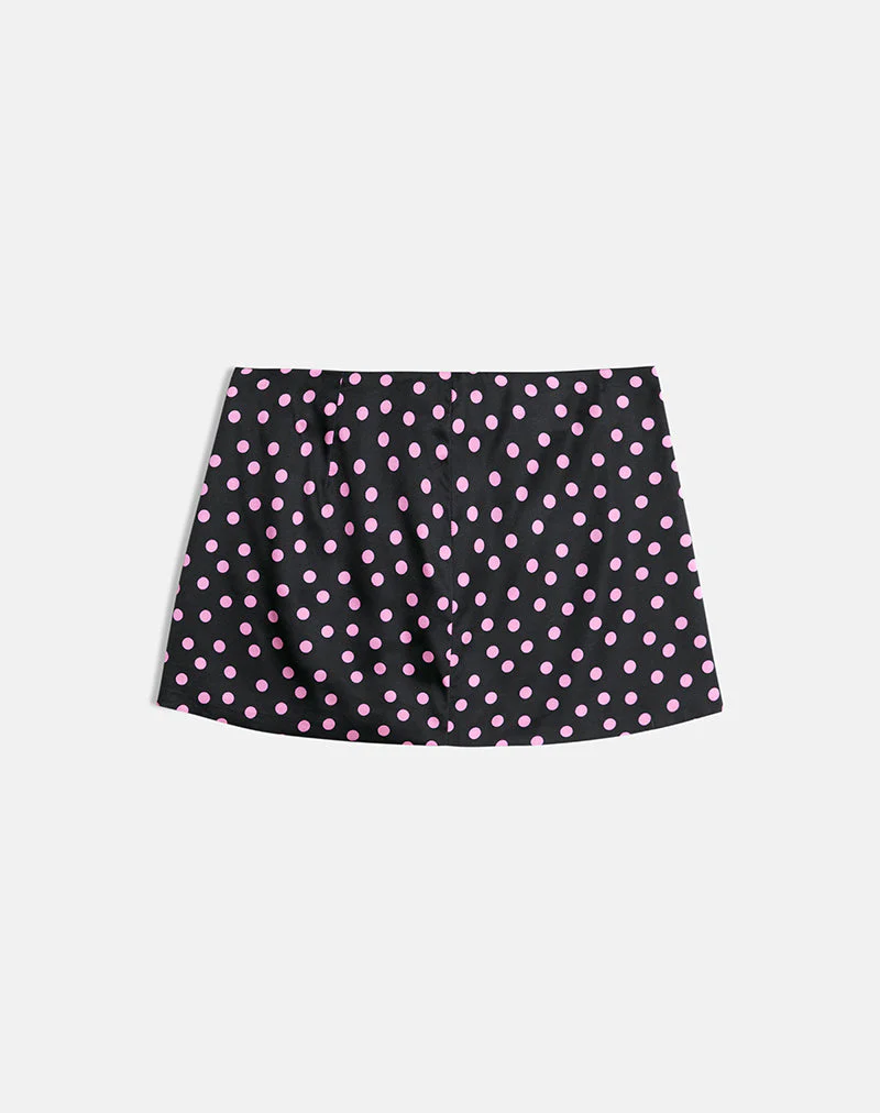 Maula Mini Skirt in Black Satin Scattered with Pink Polka - Image 4