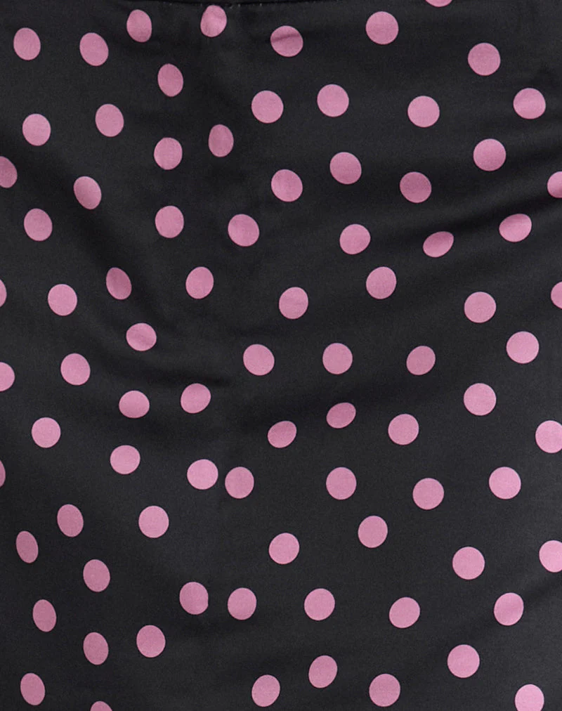 Maula Mini Skirt in Black Satin Scattered with Pink Polka - Image 6