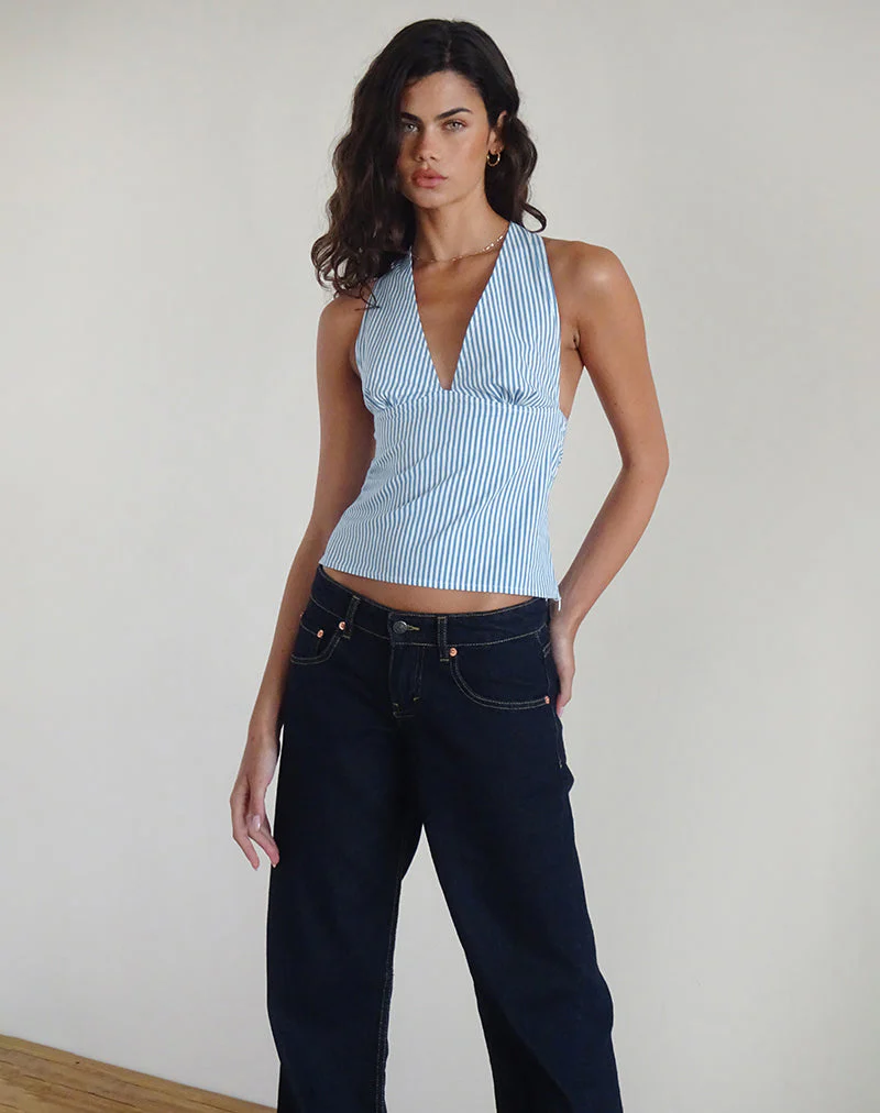 Nandu Top in Poplin Blue Small Vertical Stripe - Image 4