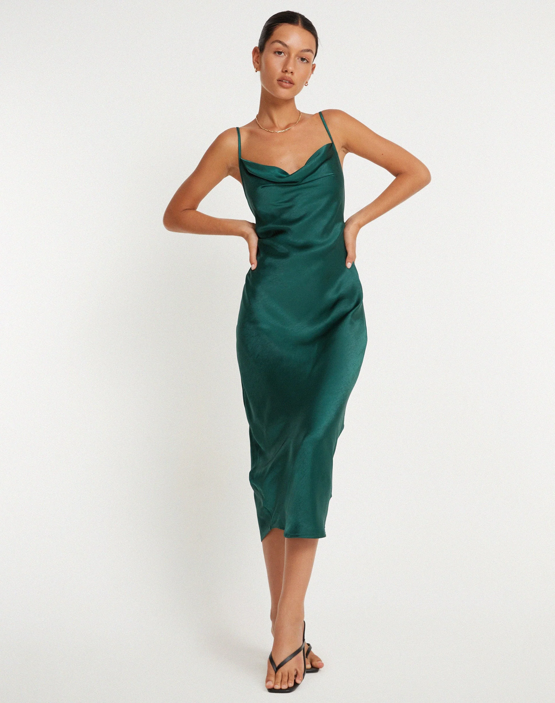Palasha Midi Dress in Satin Forest Green - Image 3