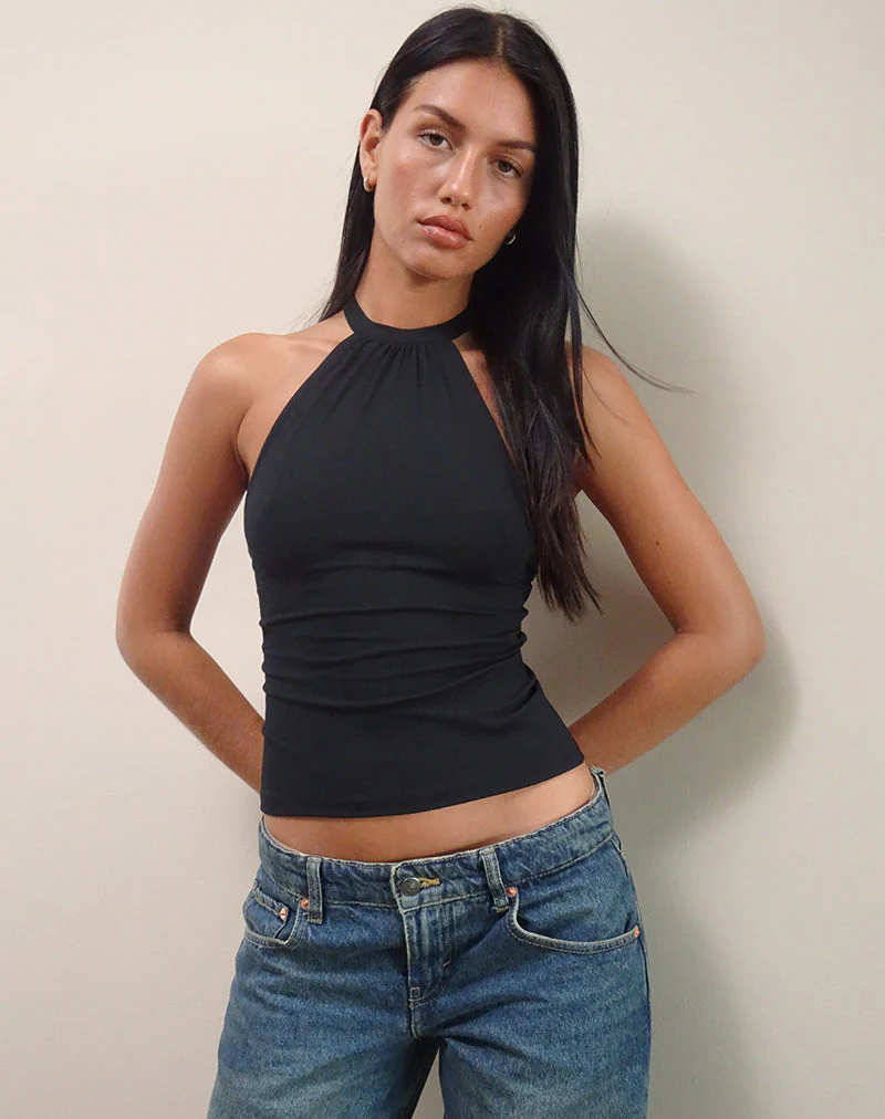 Raceline Halterneck Top in Rayon Jersey Black - Image 4