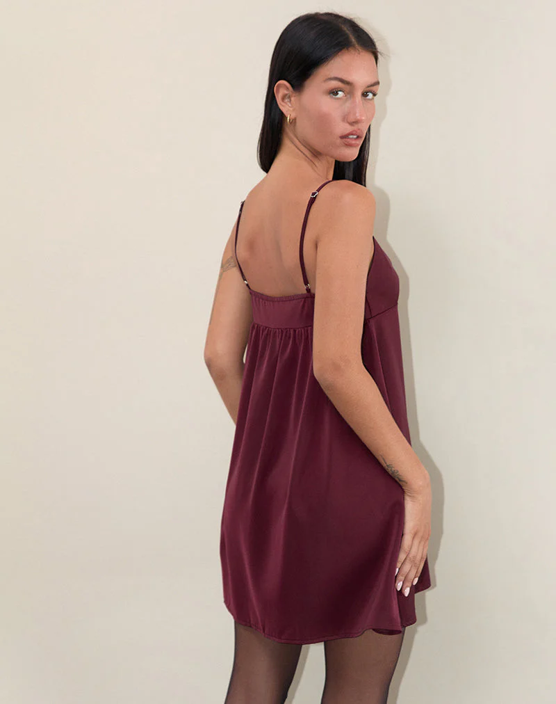 Rafaila Mini Slip Dress in Satin Burgundy - Image 3