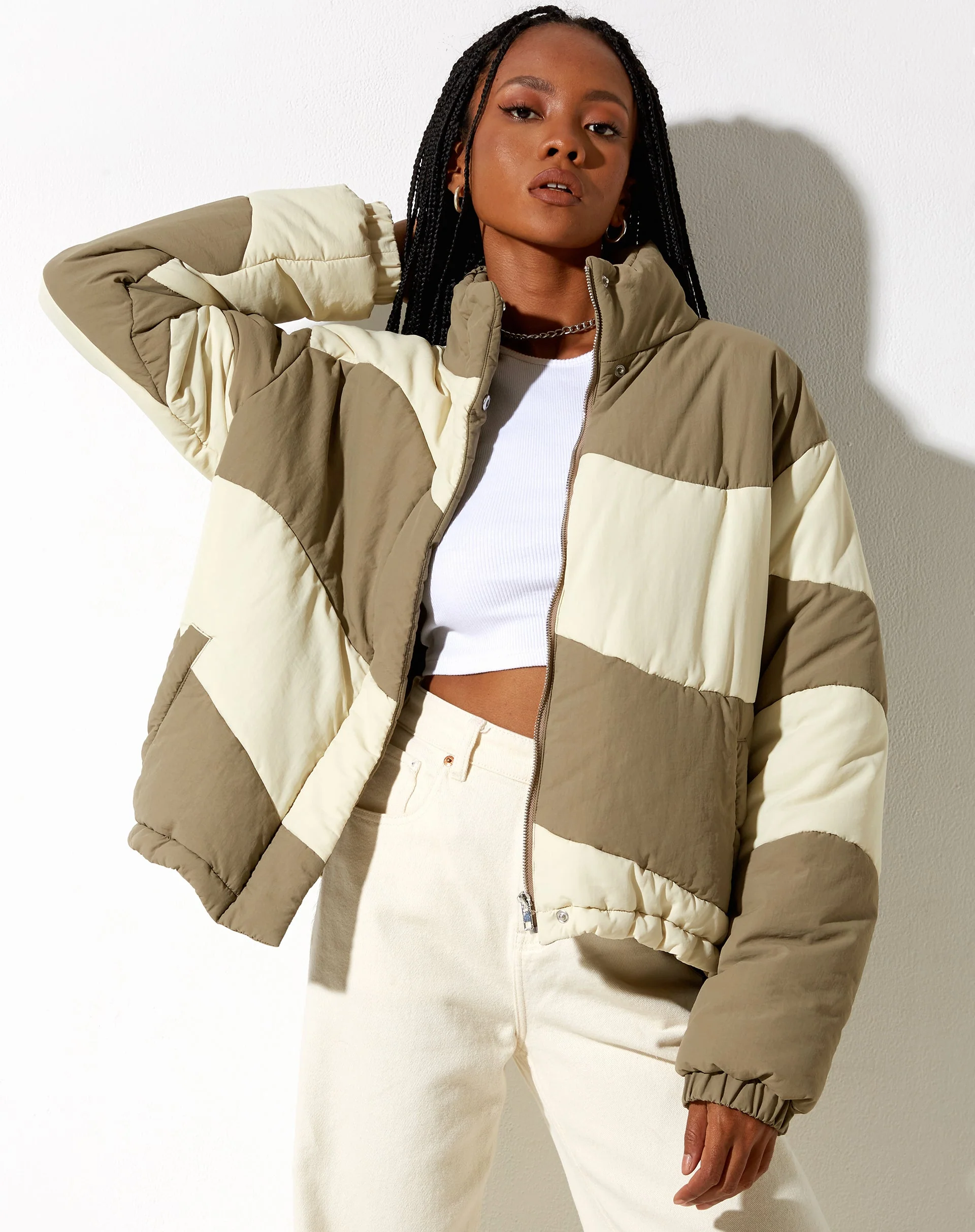 Renee Puffa Jacket in Panelled Cream and Taupe - Image 3