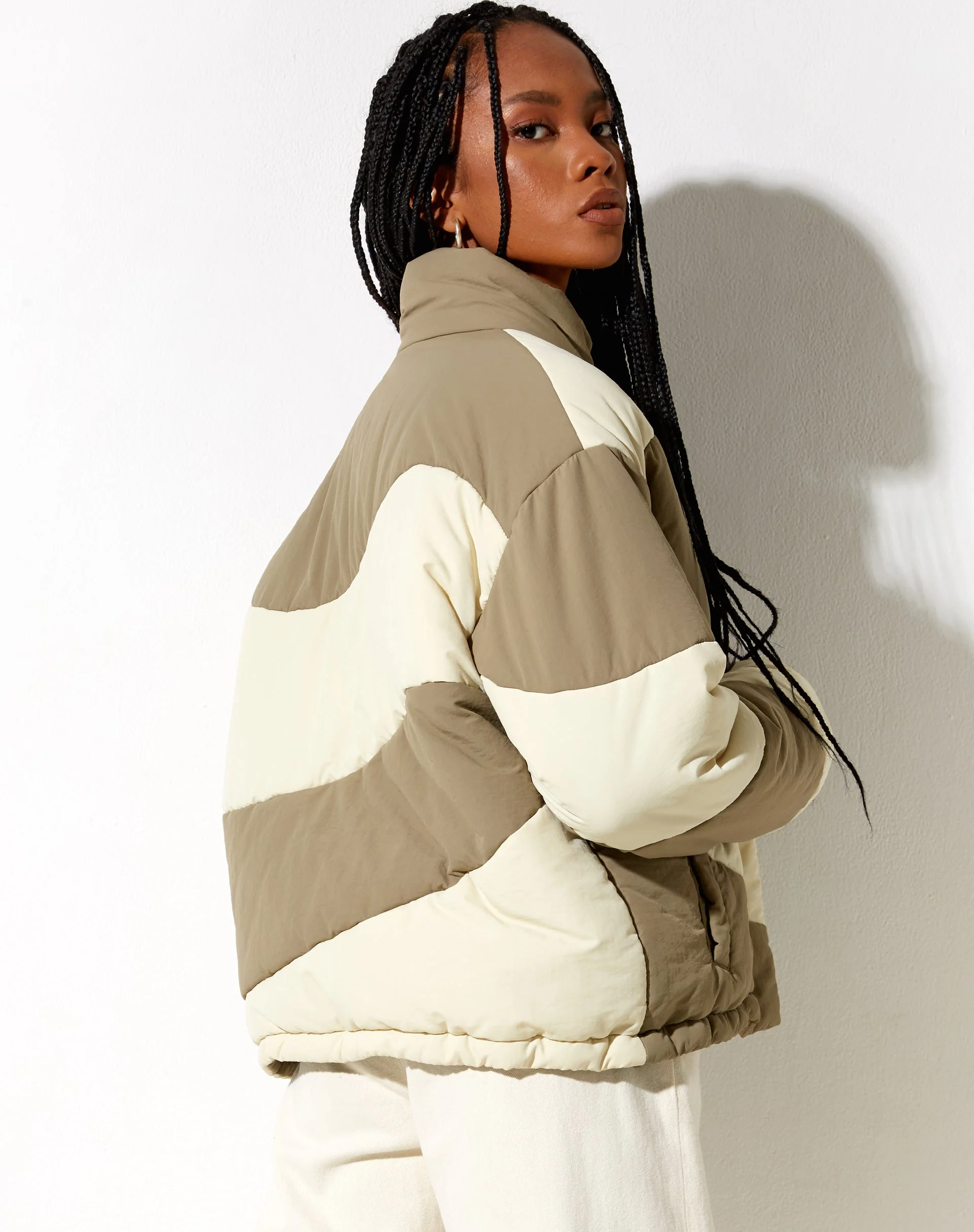 Renee Puffa Jacket in Panelled Cream and Taupe - Image 4
