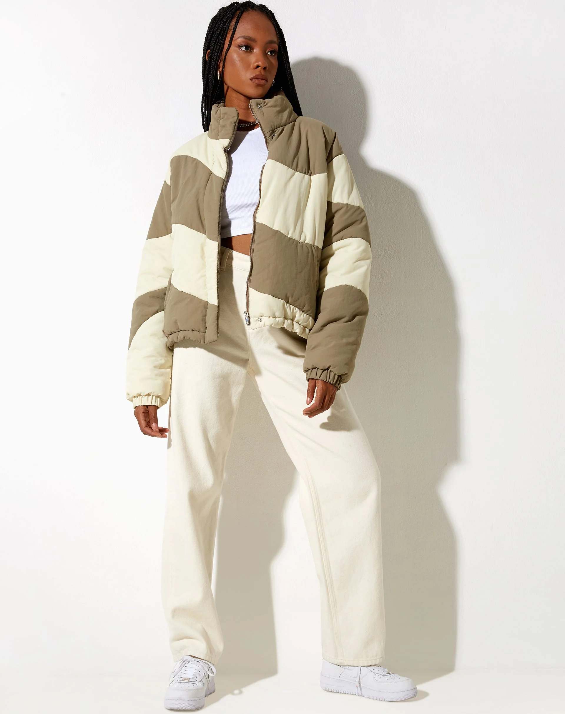 Renee Puffa Jacket in Panelled Cream and Taupe - Image 5