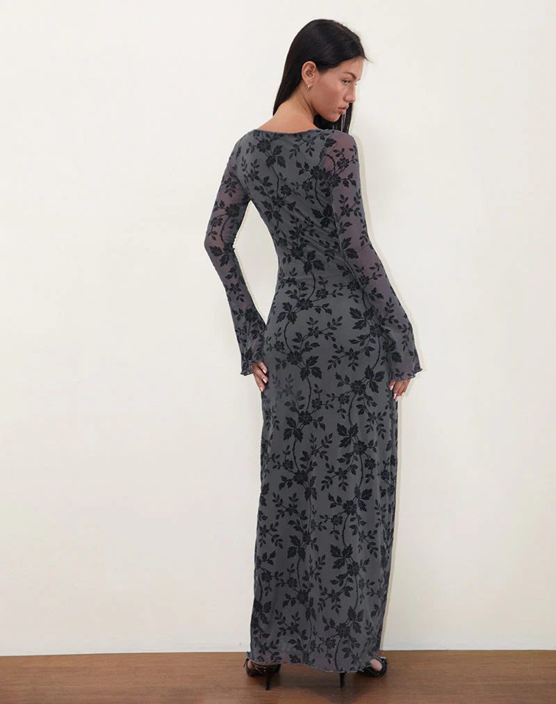 Slokya Long Sleeve Maxi Dress in Vine Floral Flock Ocean Storm - Image 3