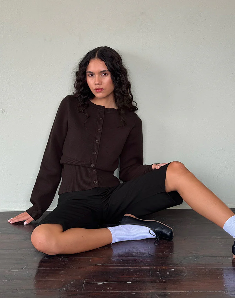 Subra Long Sleeve Ribbed Hem Cardigan in Bitter Chocolate - Image 3