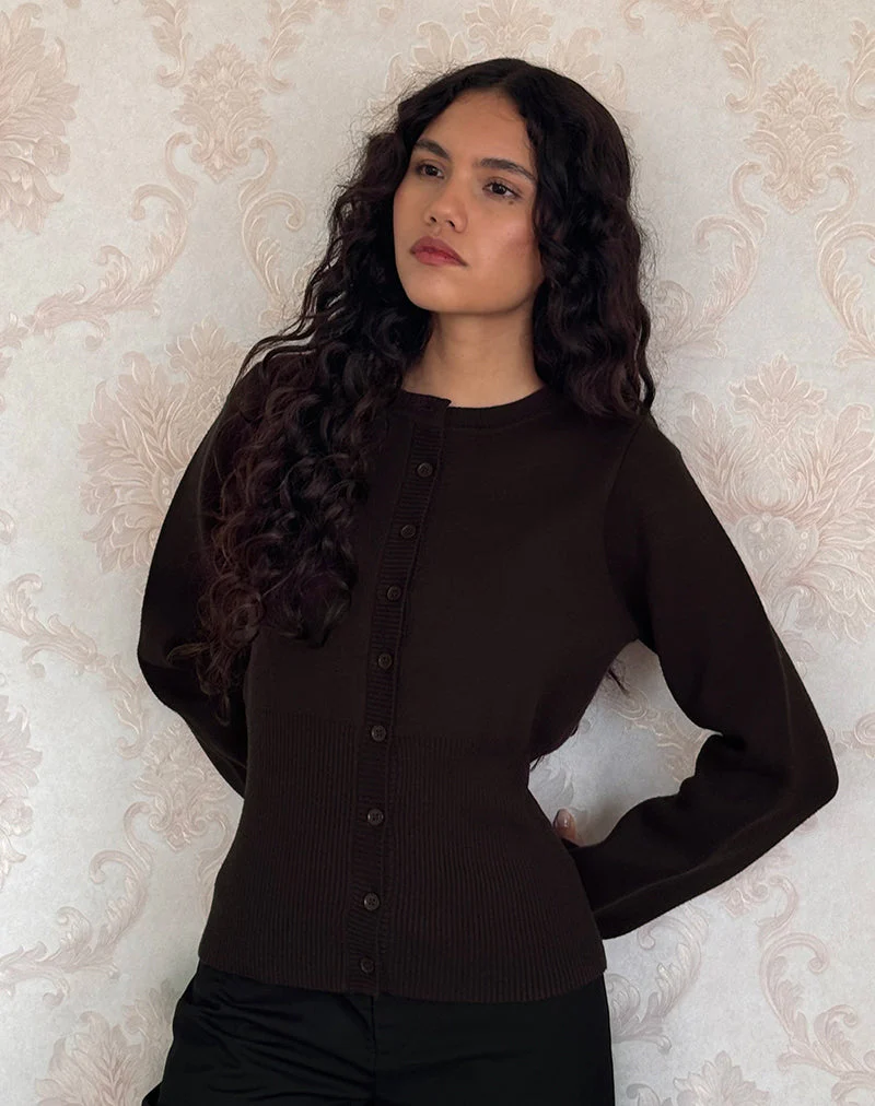 Subra Long Sleeve Ribbed Hem Cardigan in Bitter Chocolate - Image 4
