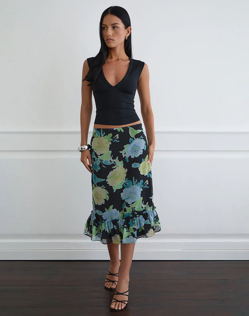 Tarla Midi Skirt in Black Chiffon with Crystal Flower Print - Image 4