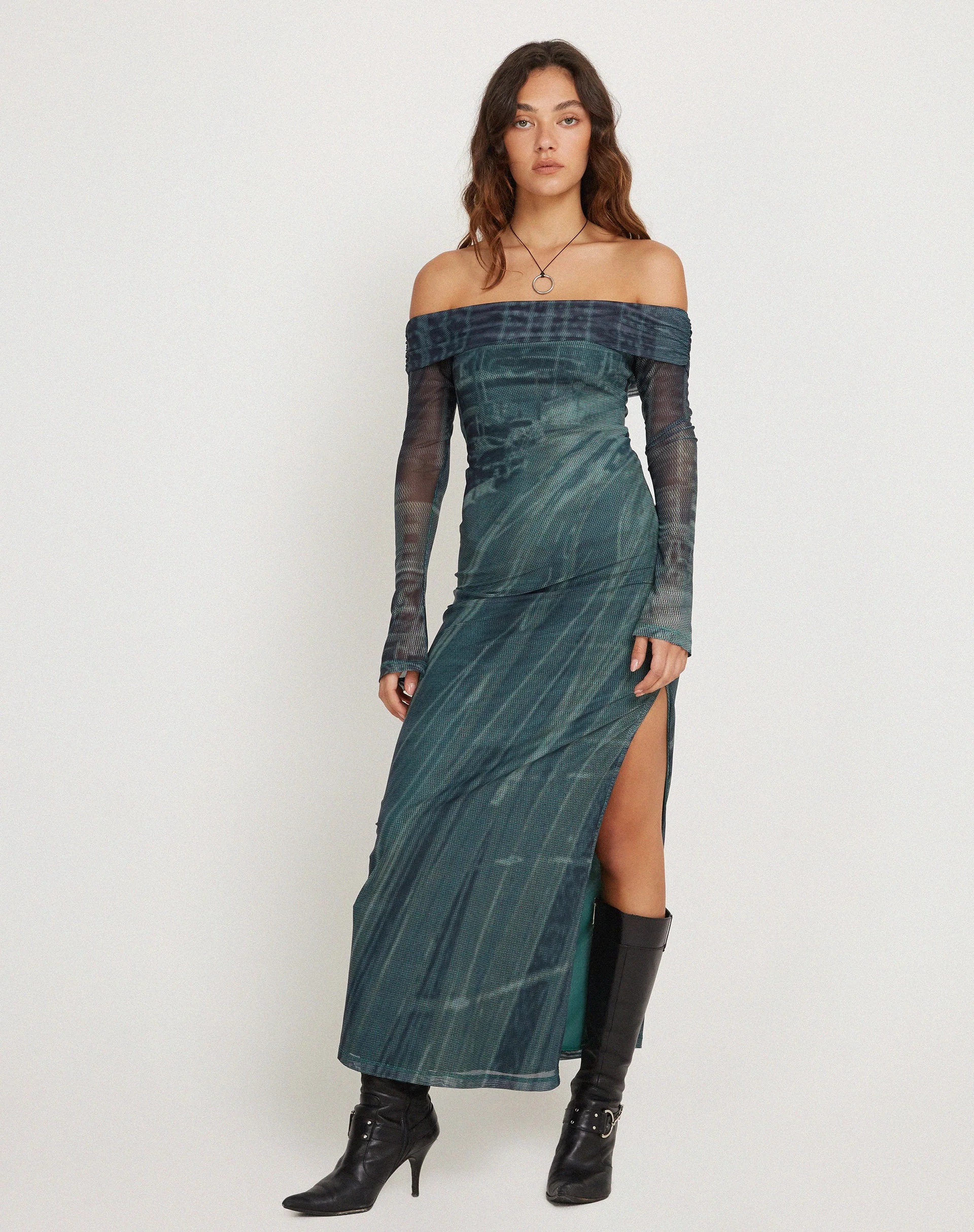 Terra Bardot Midi Dress in Cityscape Green - Image 4